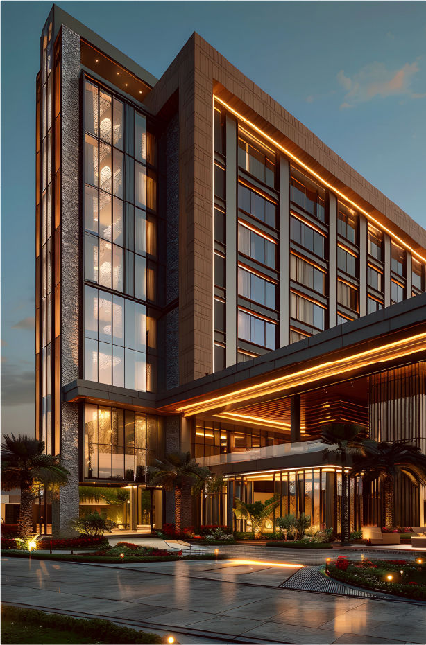 Hotel iluminado ao entardecer